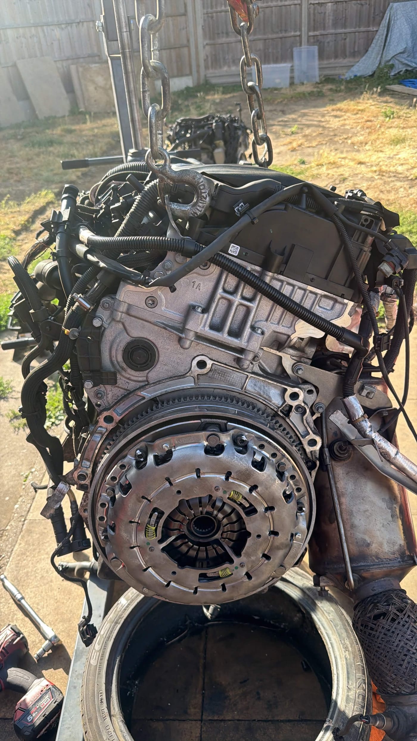 Engine out with clutch and flywheel exposed
